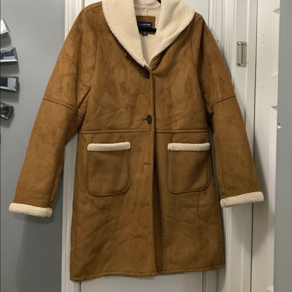 Lands' End Jackets & Blazers - LANDS’END. Brown Faux Suede Coat with Cream Trim